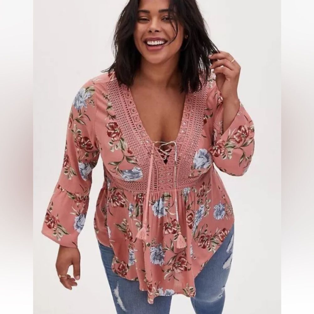 torrid Dusty Rose Floral Lace-Up Peasant Blouse